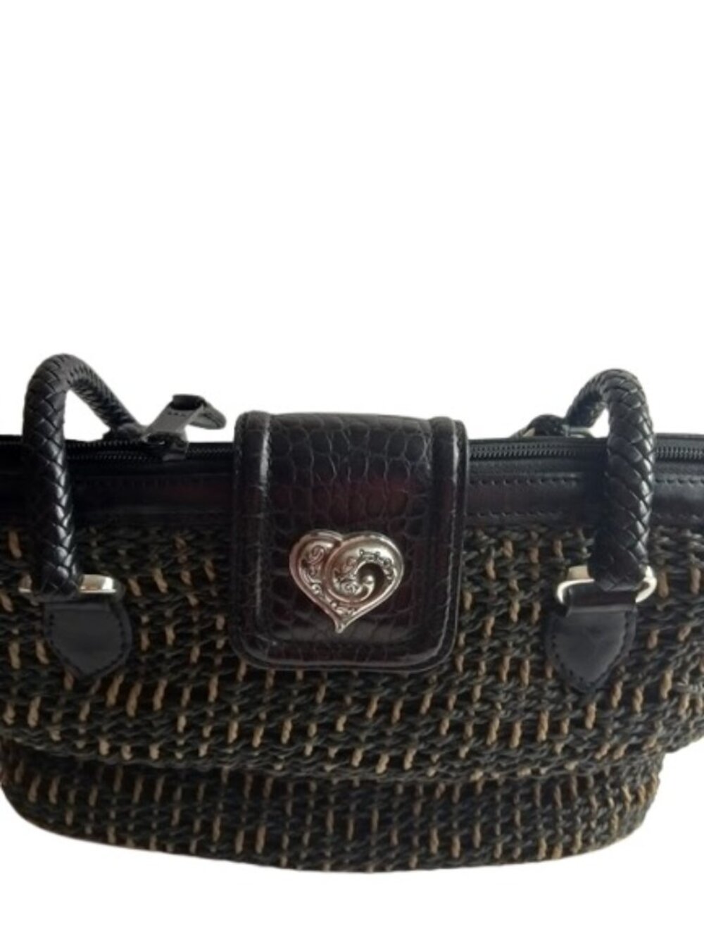 Vintage Brighton Womens Woven Wicker Leather Hand Bag Black Logo Hardware Small